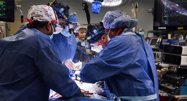 Surgeons perform a transplant of a heart from a genetically modified pig to patient David Bennett, Sr., in Baltimore, Maryland, on January 7, 2022. AFP